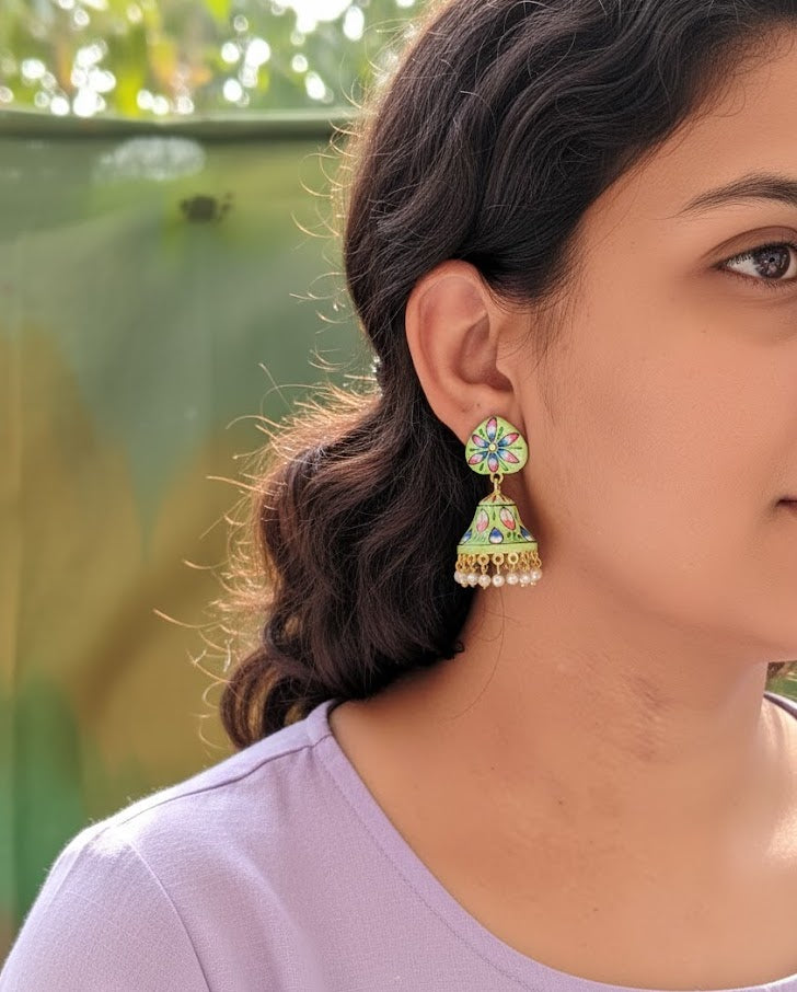 Green Floral Handpainted Jhumki Earrings