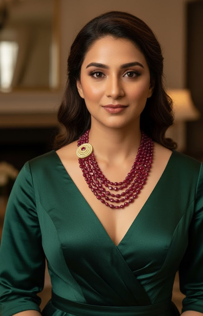 Designer Ruby Red Stone Kundan Beaded Long Necklace