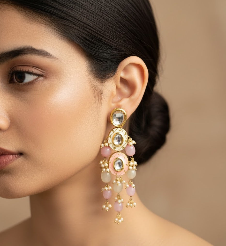 Peach Kundan Meenakari Beaded Earrings