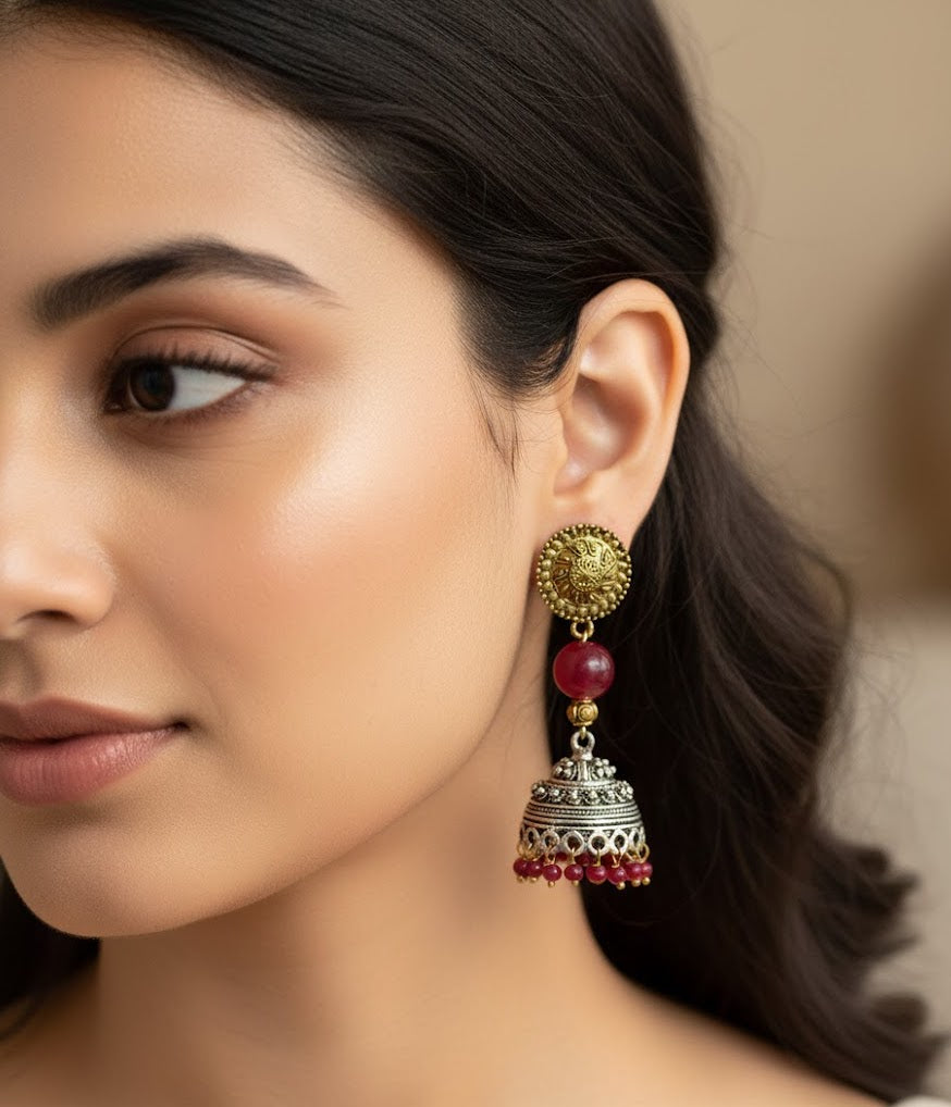 Ruby Dual Tone Oxidised Jhumki