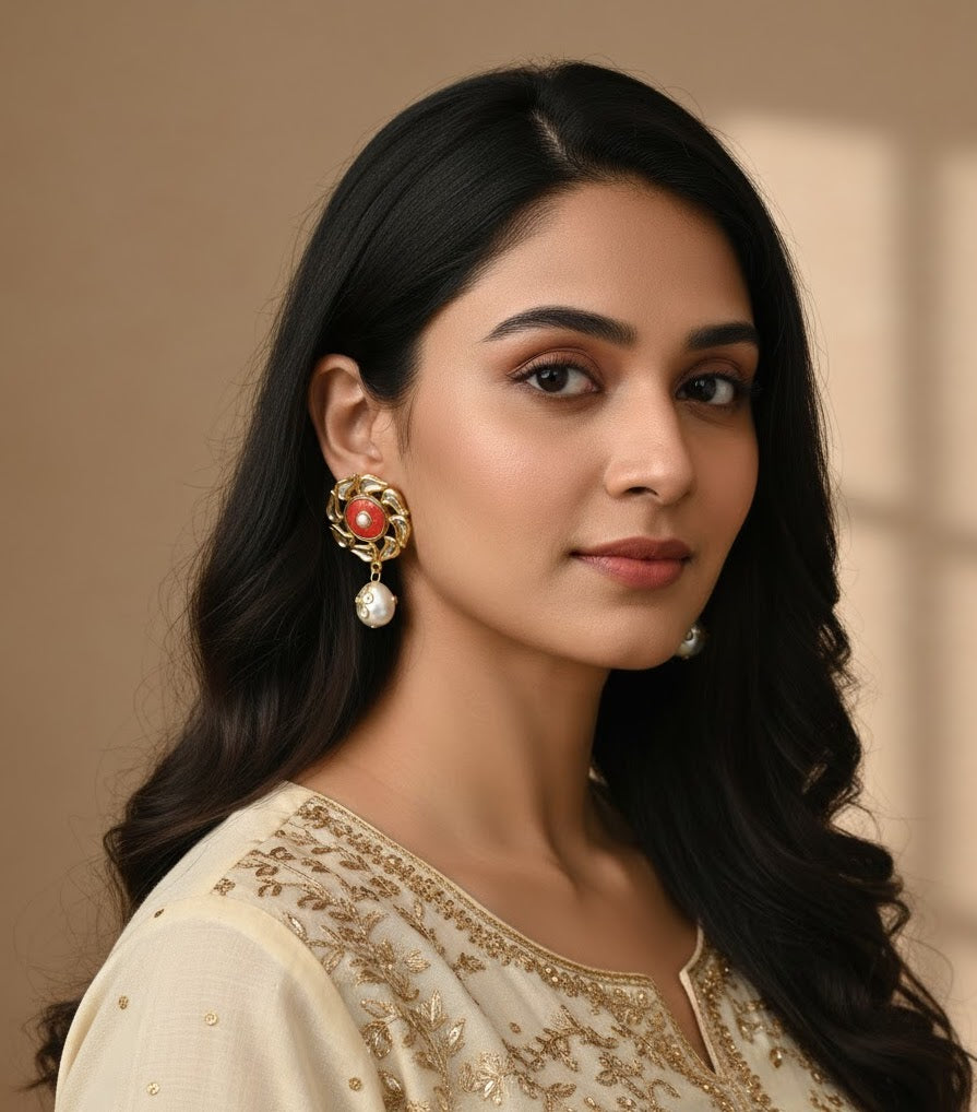 22k Gold Plated Red Stone Kundan Stud Earrings