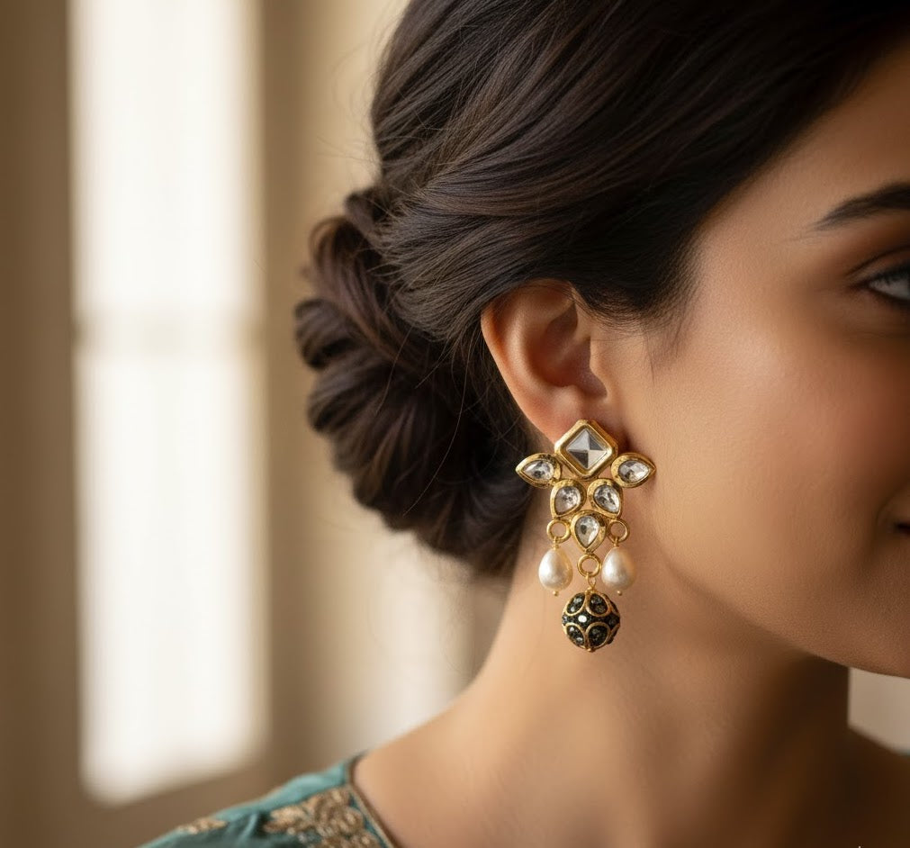 22k Gold Plated Pearl Kundan Earrings