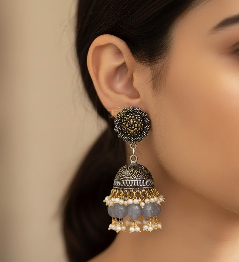Ganesha Dual Tone Oxidised Jhumki Earrings