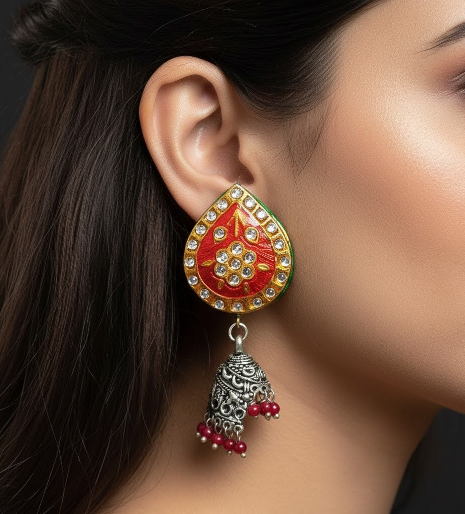 Red Meenakari Oxidised Jhumki Earrings