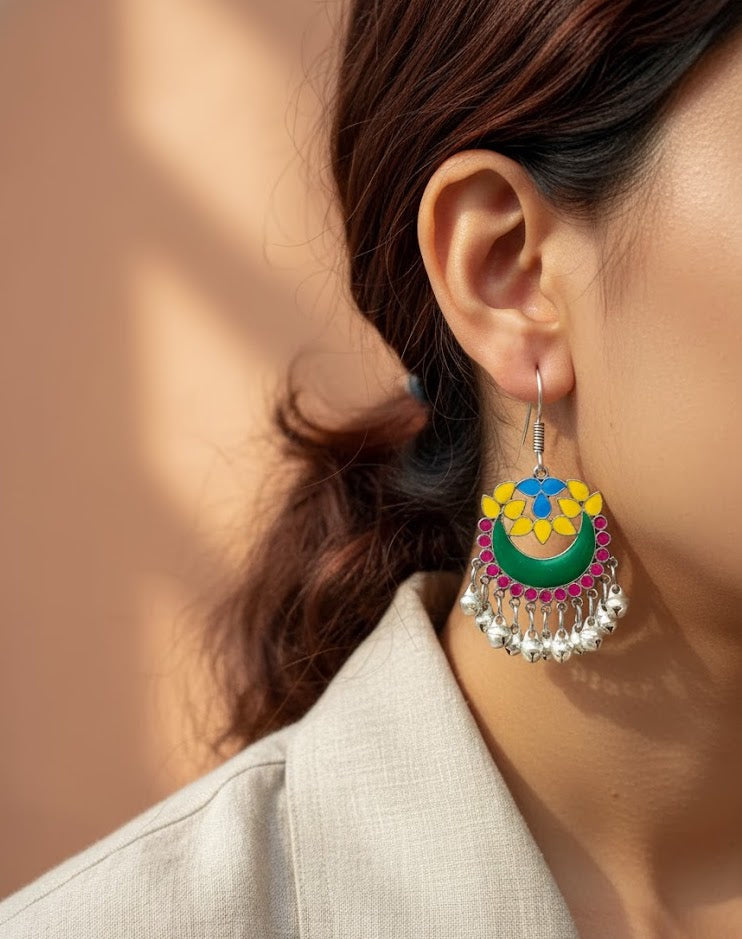 Multicolor Afghani Oxidised Silver Earrings