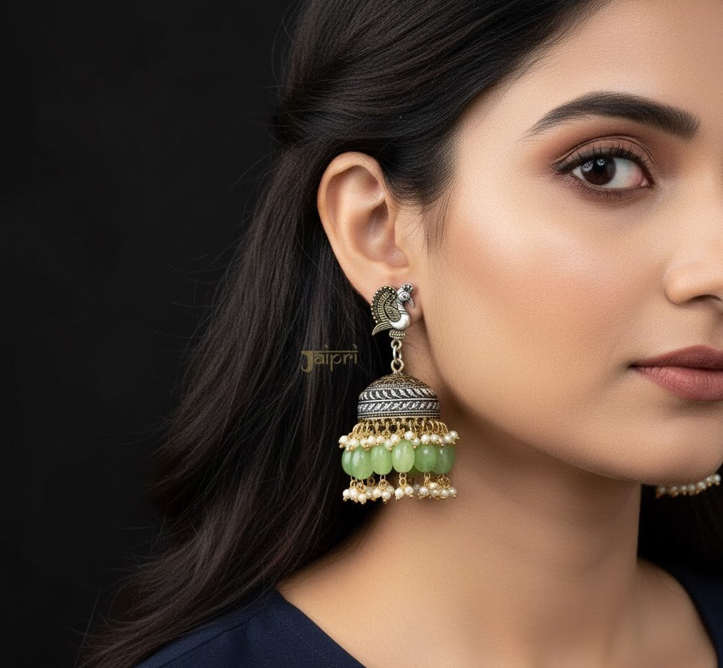 Green Peacock Dual Tone Oxidised Jhumki Earrings