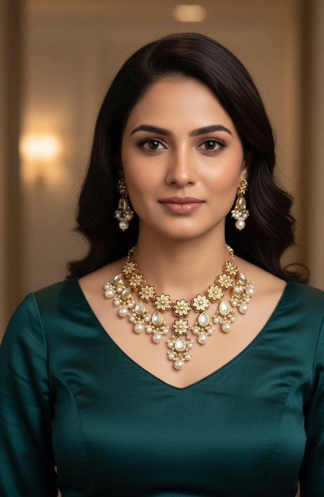 Maroon Floral Kundan Meenakari Necklace Set With Earrings