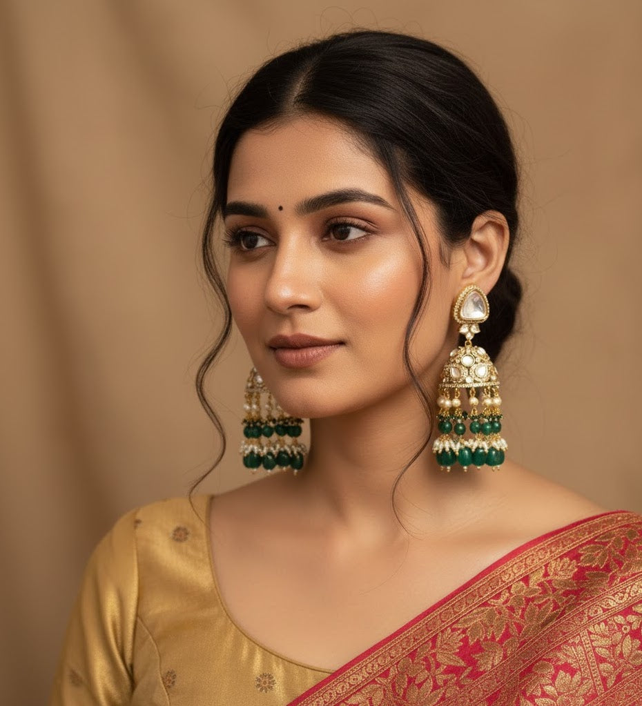 Green Stone Kundan Polki Jhumki Earrings