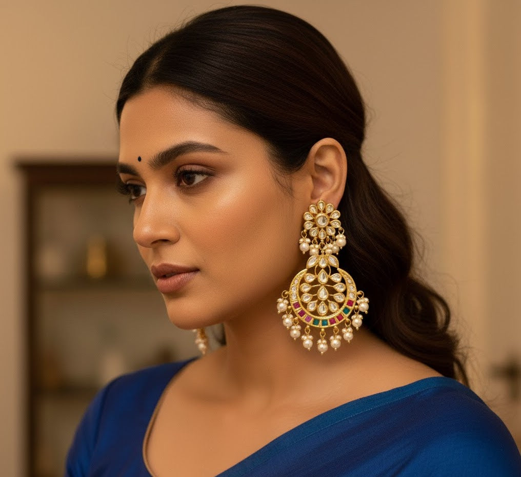 Navratan Kundan Chandbali Earrings