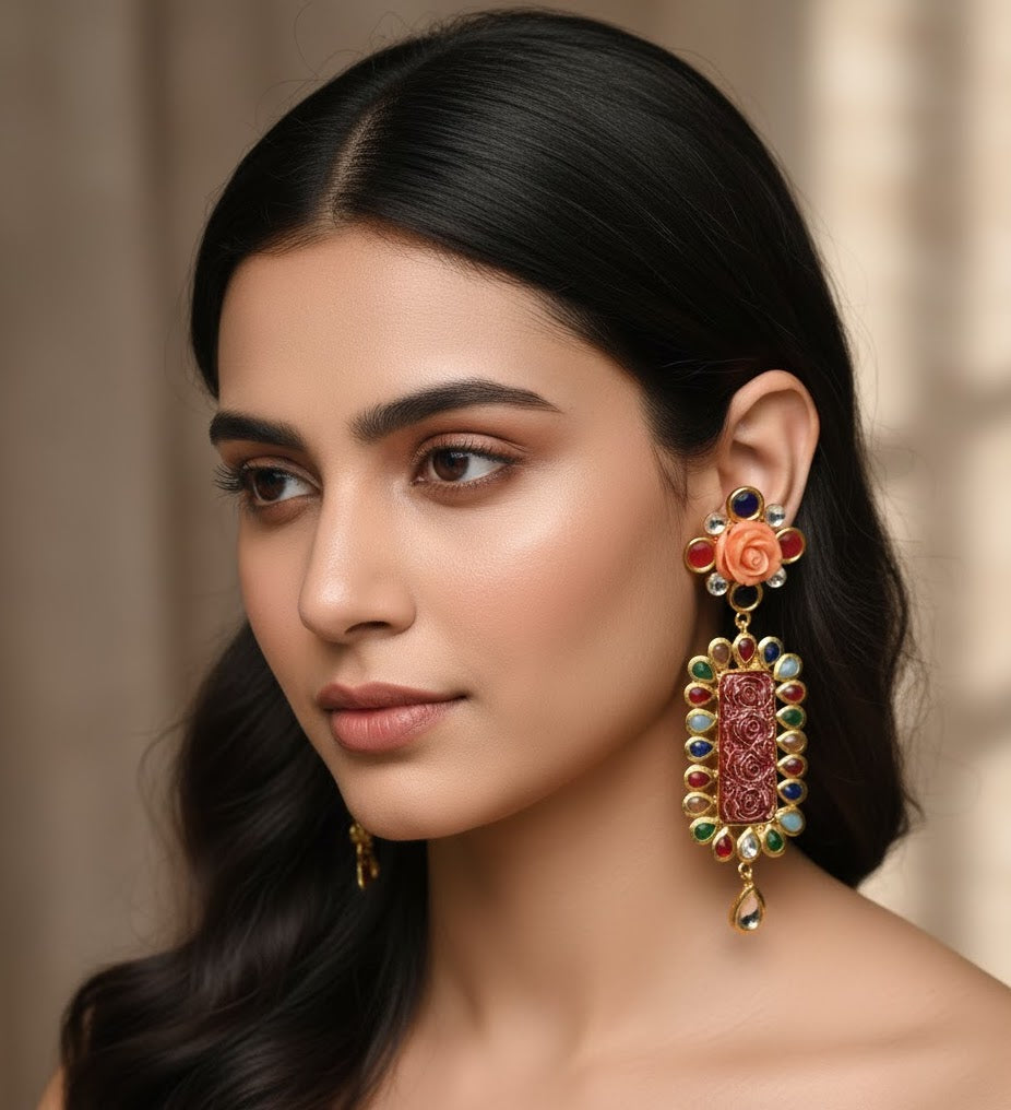 22k Gold Plated Multicolor Floral Long Earrings