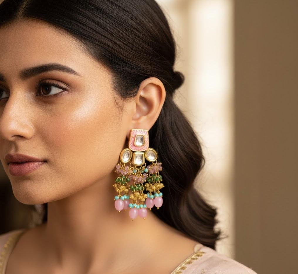 Pink Beaded Kundan Meenakari Earrings