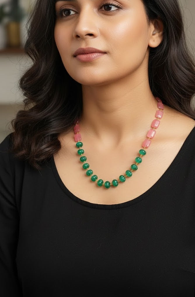 Green Pumpkin Pink Stone Beaded Necklace