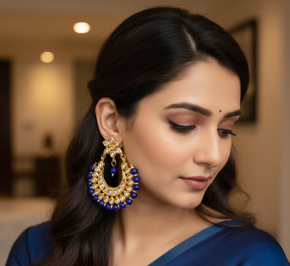 Blue Kundan Chandbali Earrings