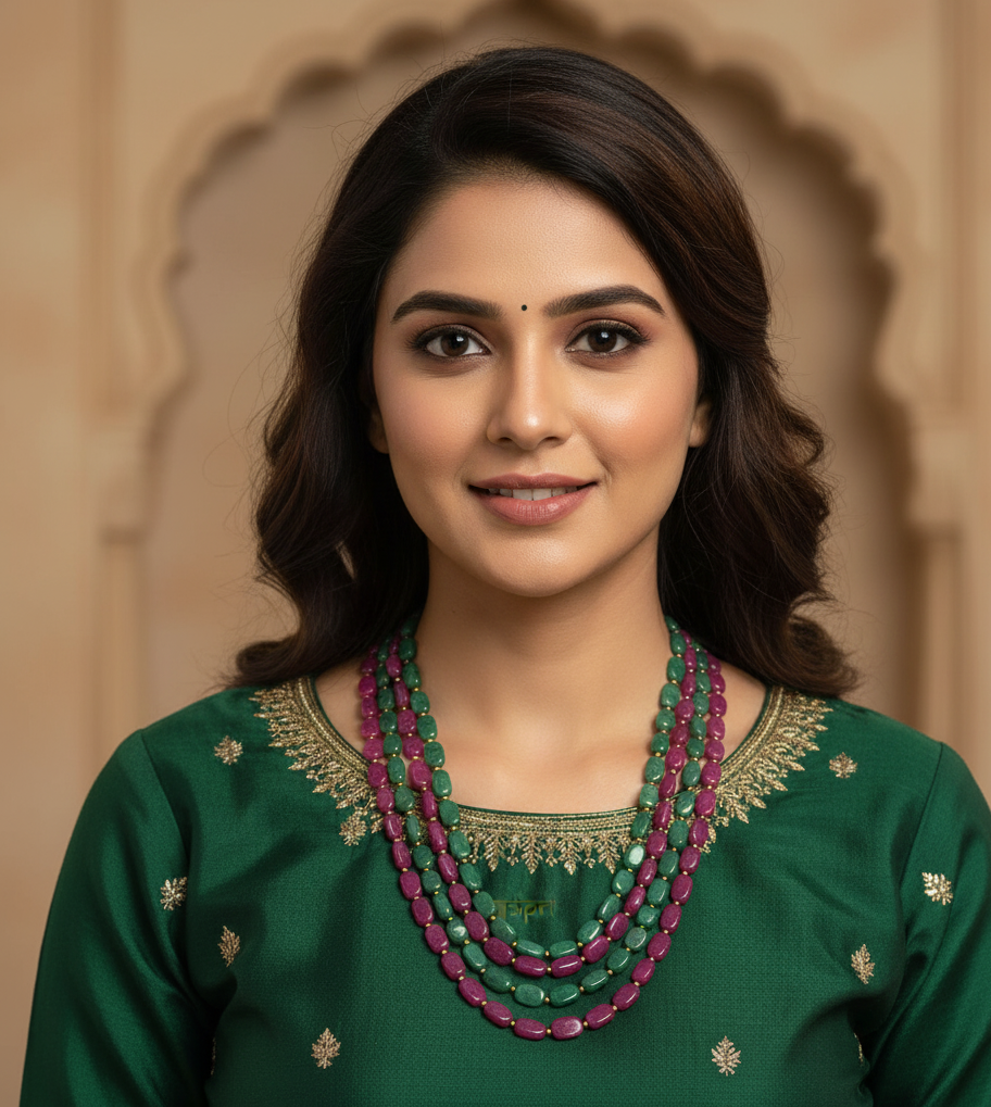 Pink & Emerald Green Beads Multilayered Stone Necklace