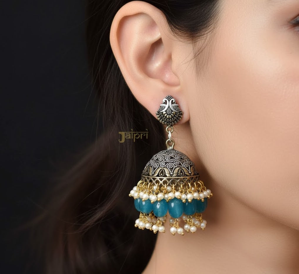 Blue Peacock Oxidised Jhumki Earrings