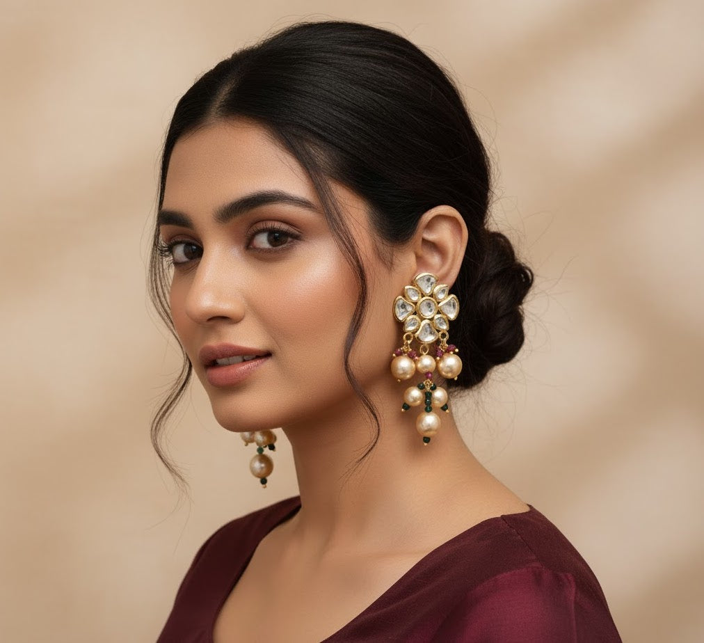 22k Gold Plated Pearl Kundan Earrings