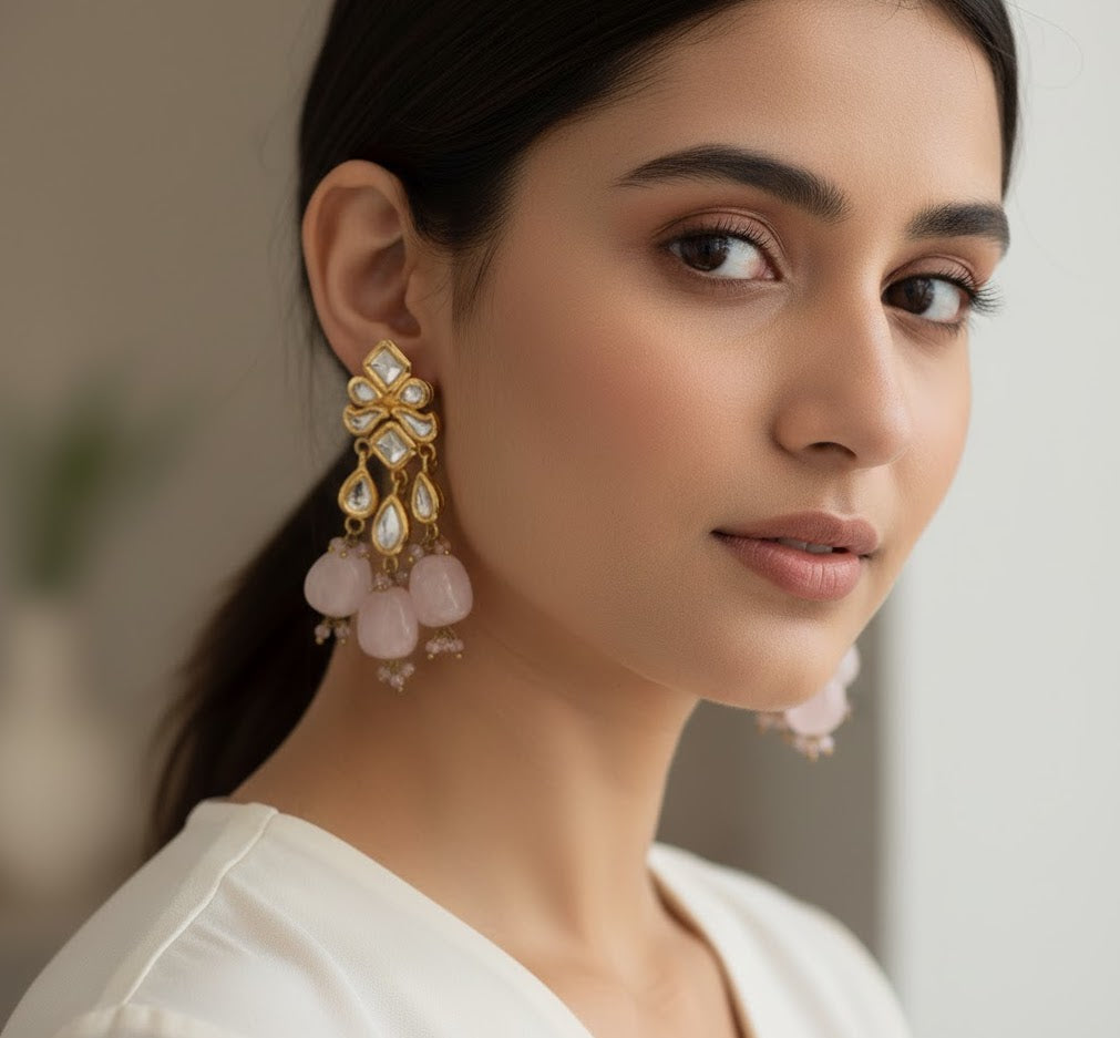 22k Gold Plated Pink Drop Kundan Earrings