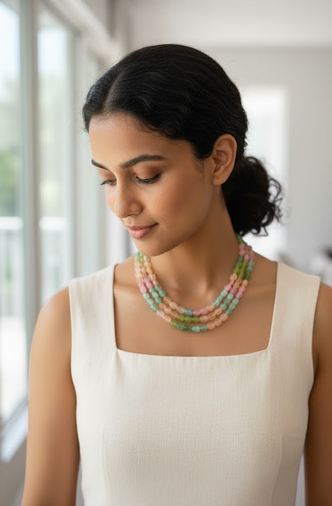 Multi Color Stone Three Layered Necklace