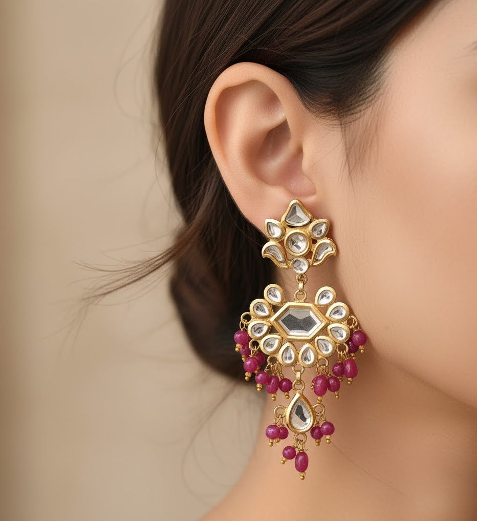 22k Gold Plated Red Kundan Chandbali Earrings