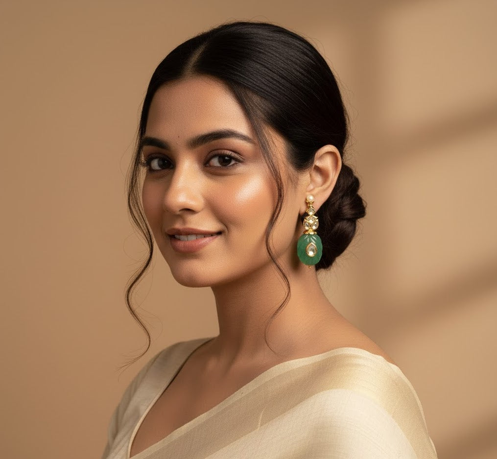 Green Engraved Stone Kundan Earrings