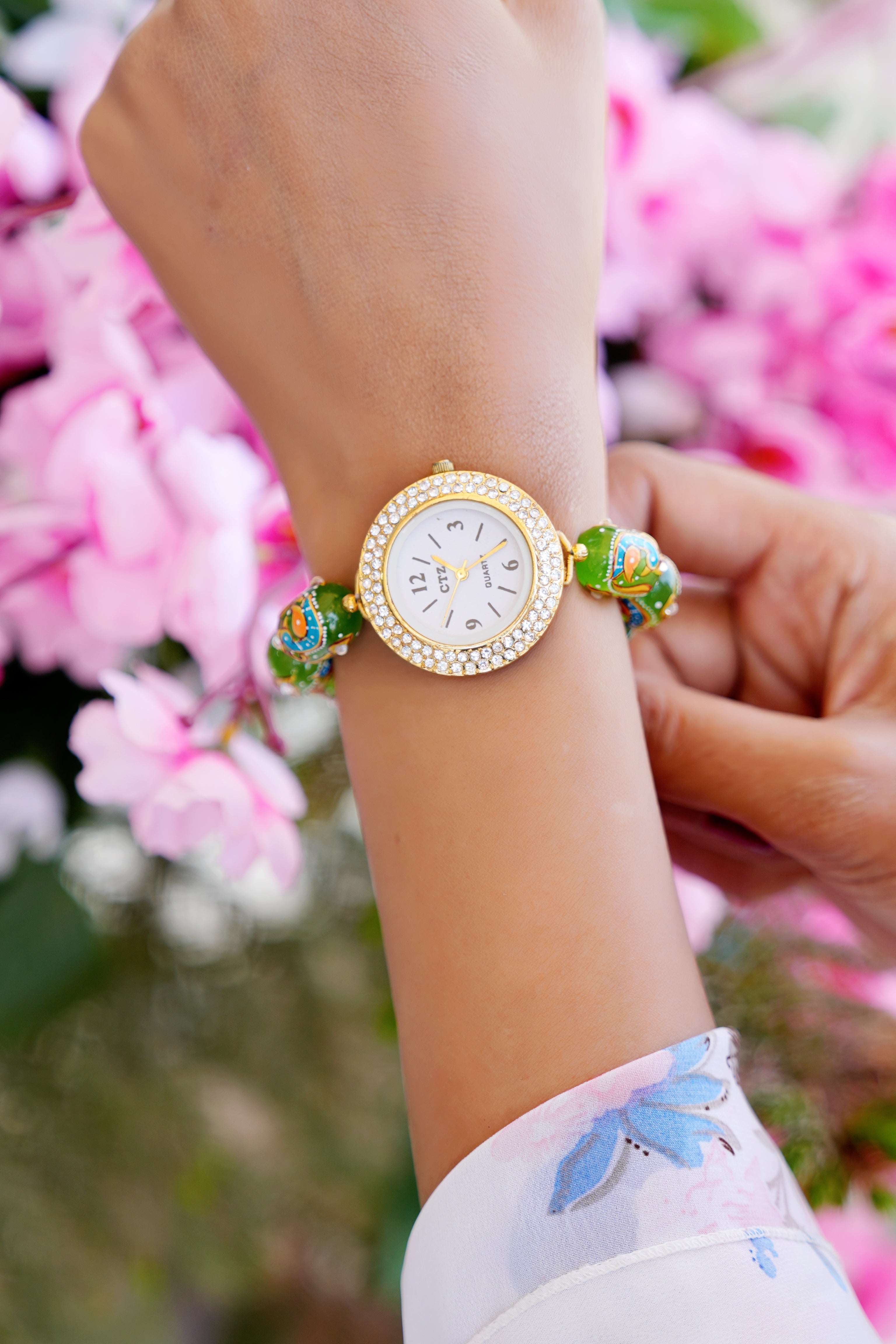 Green Handpainted Peacock Design Wrist Watch