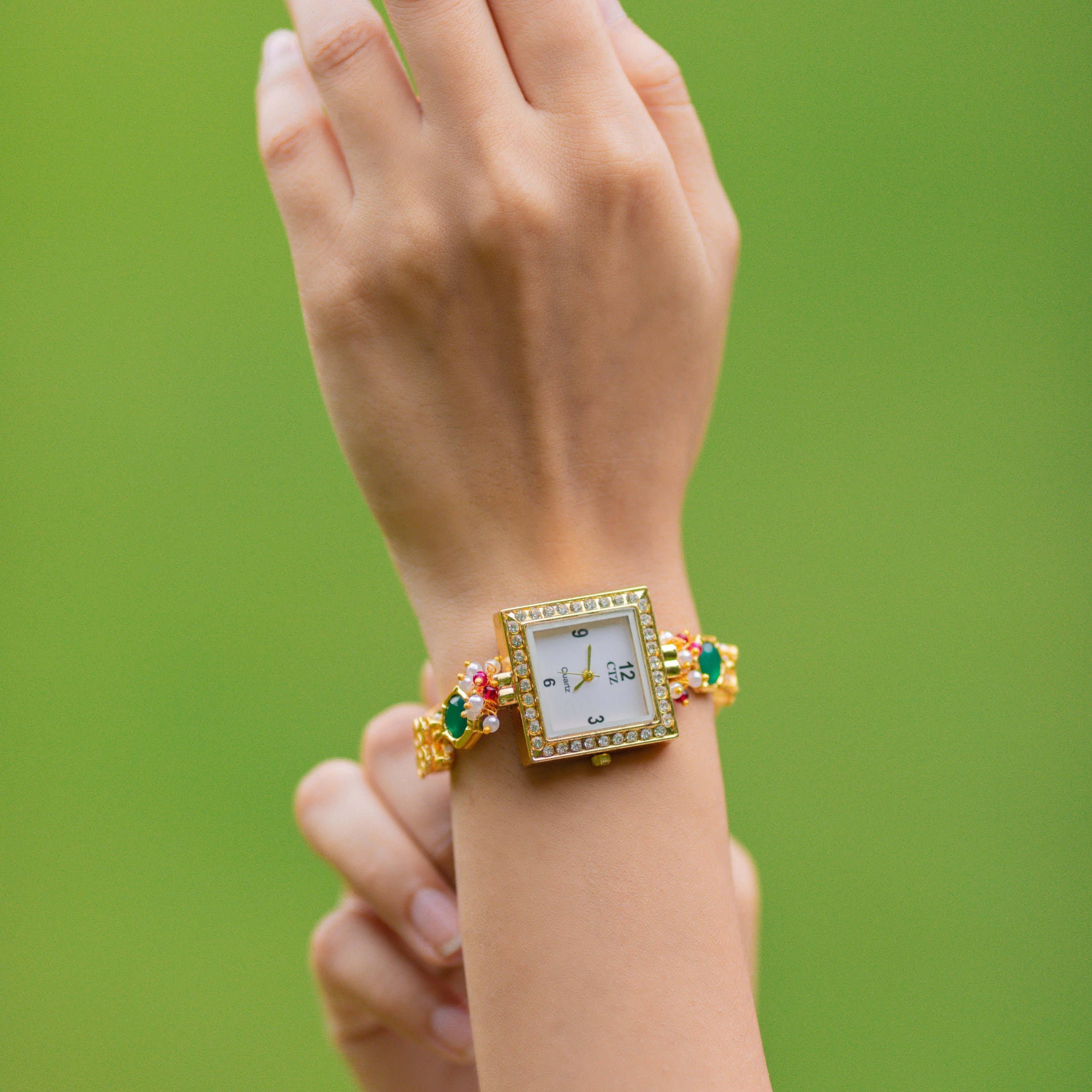 Green Kundan Wrist Watch