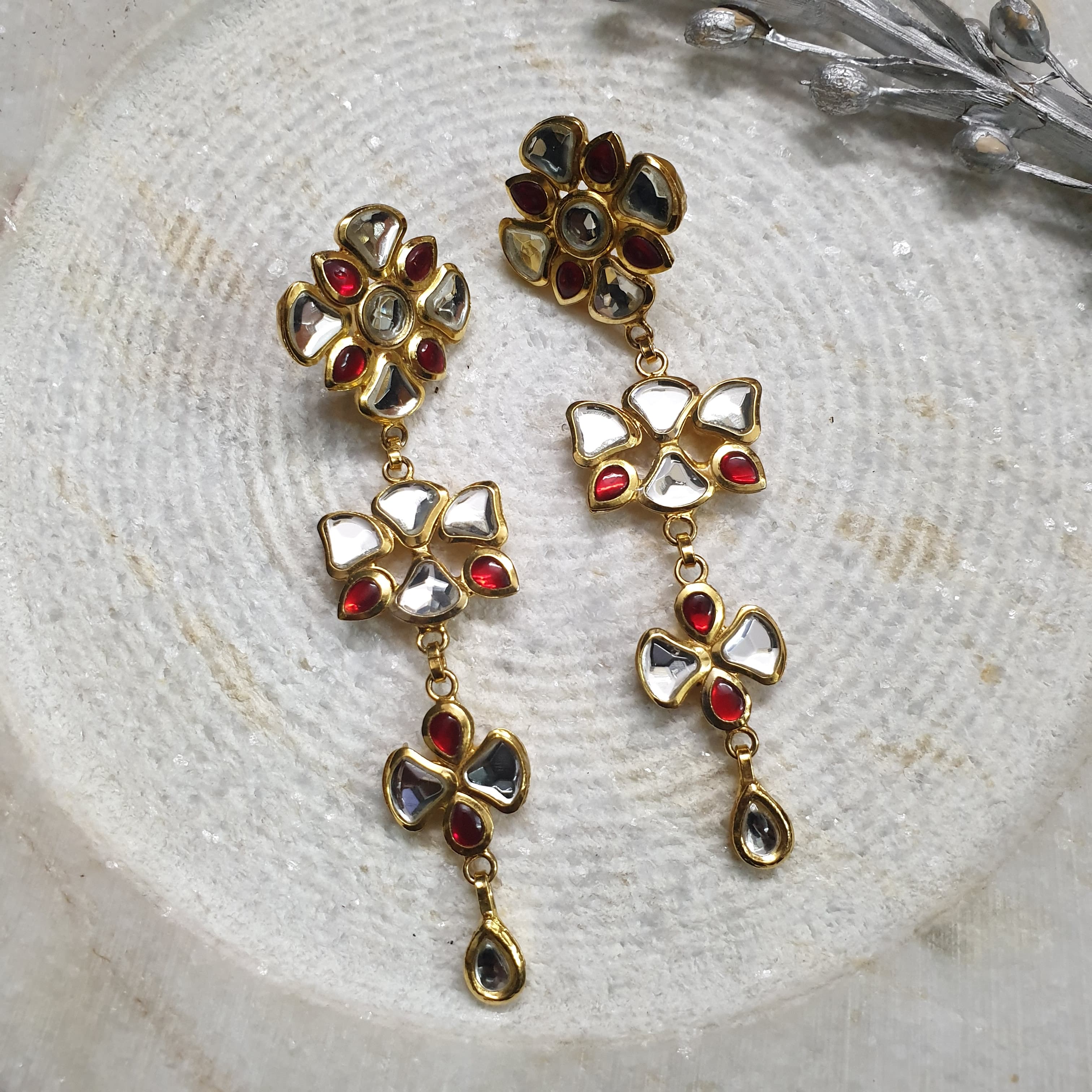 22k Gold Plated Red Long Kundan Earrings