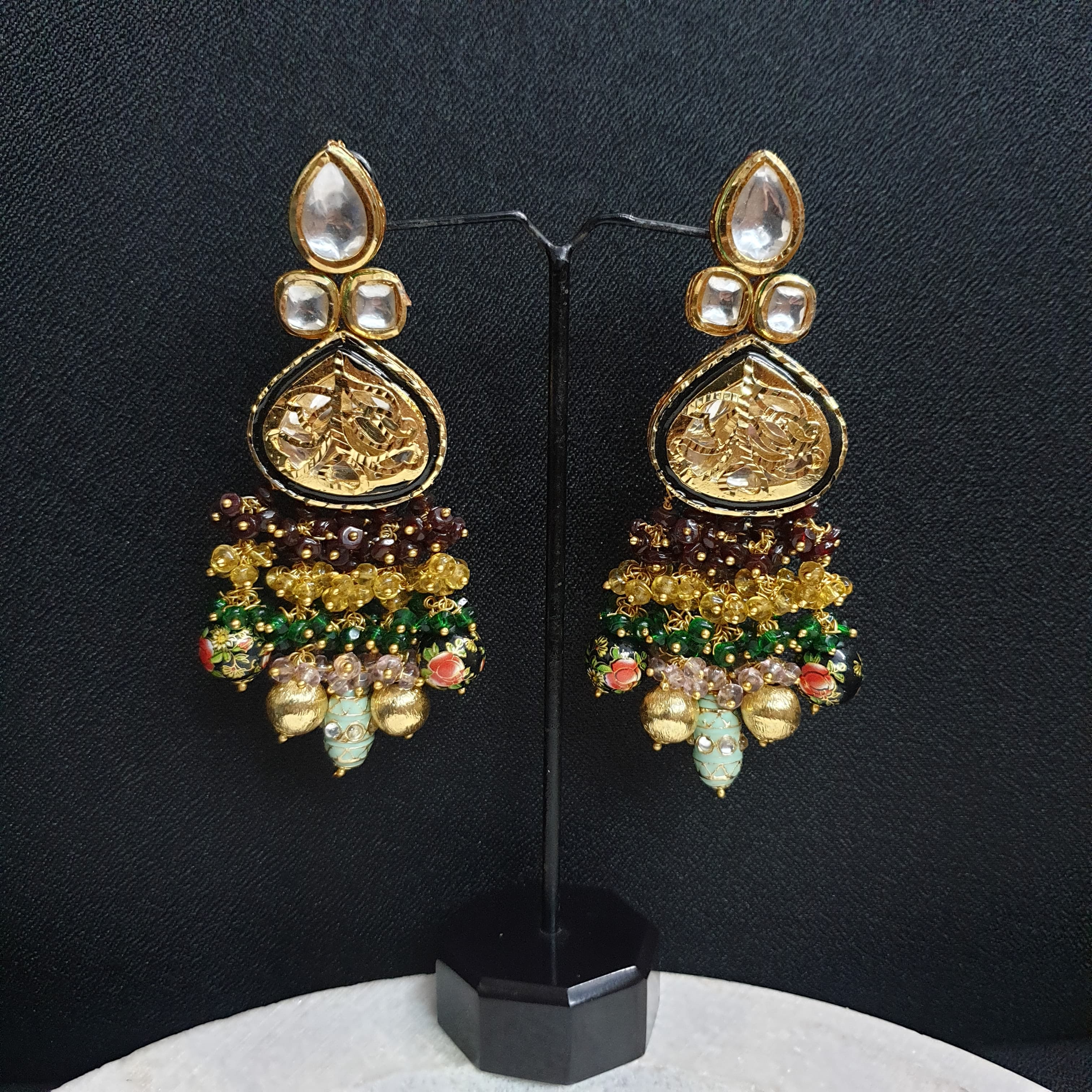 Black Kundan Meenakari Earrings