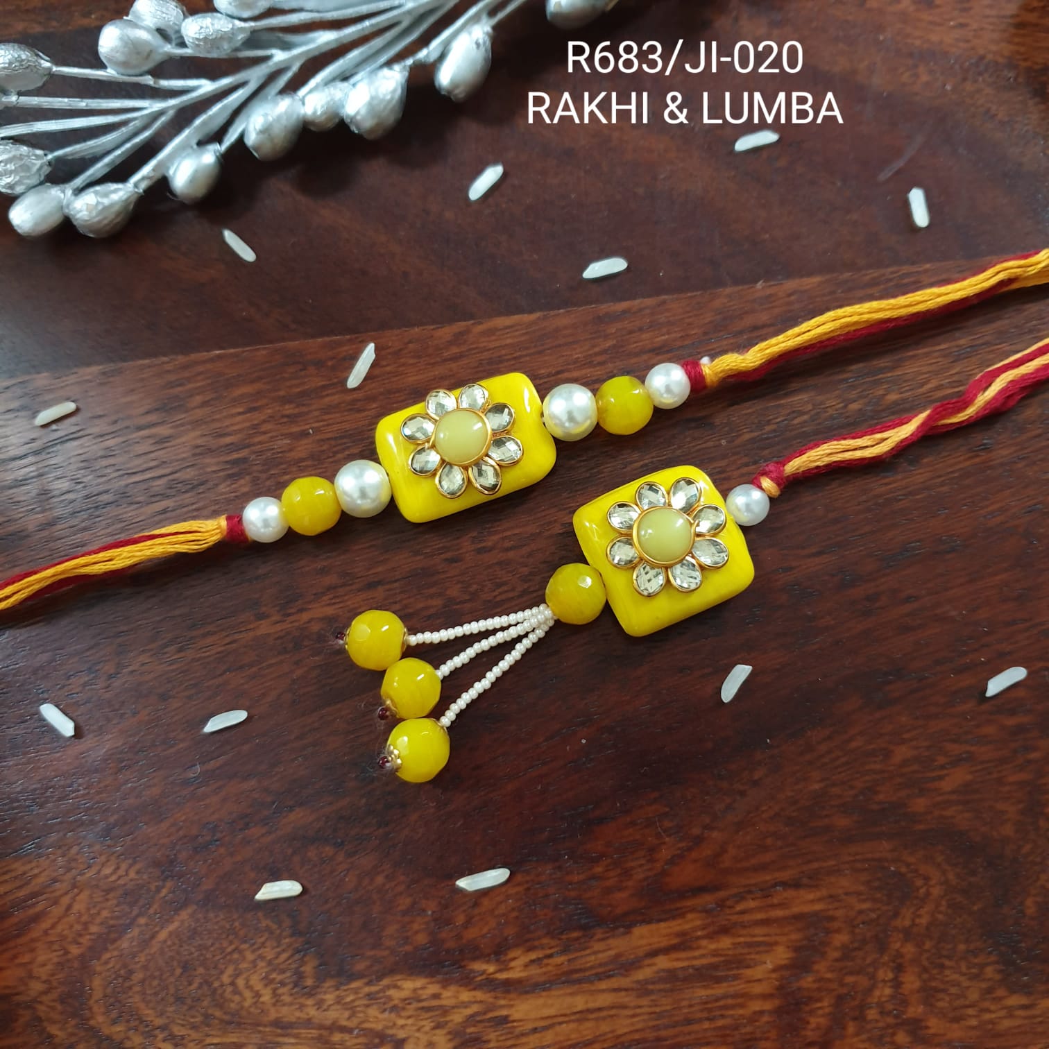 Yellow Pacchi Kundan Bhaiya Bhabhi Rakhi Set