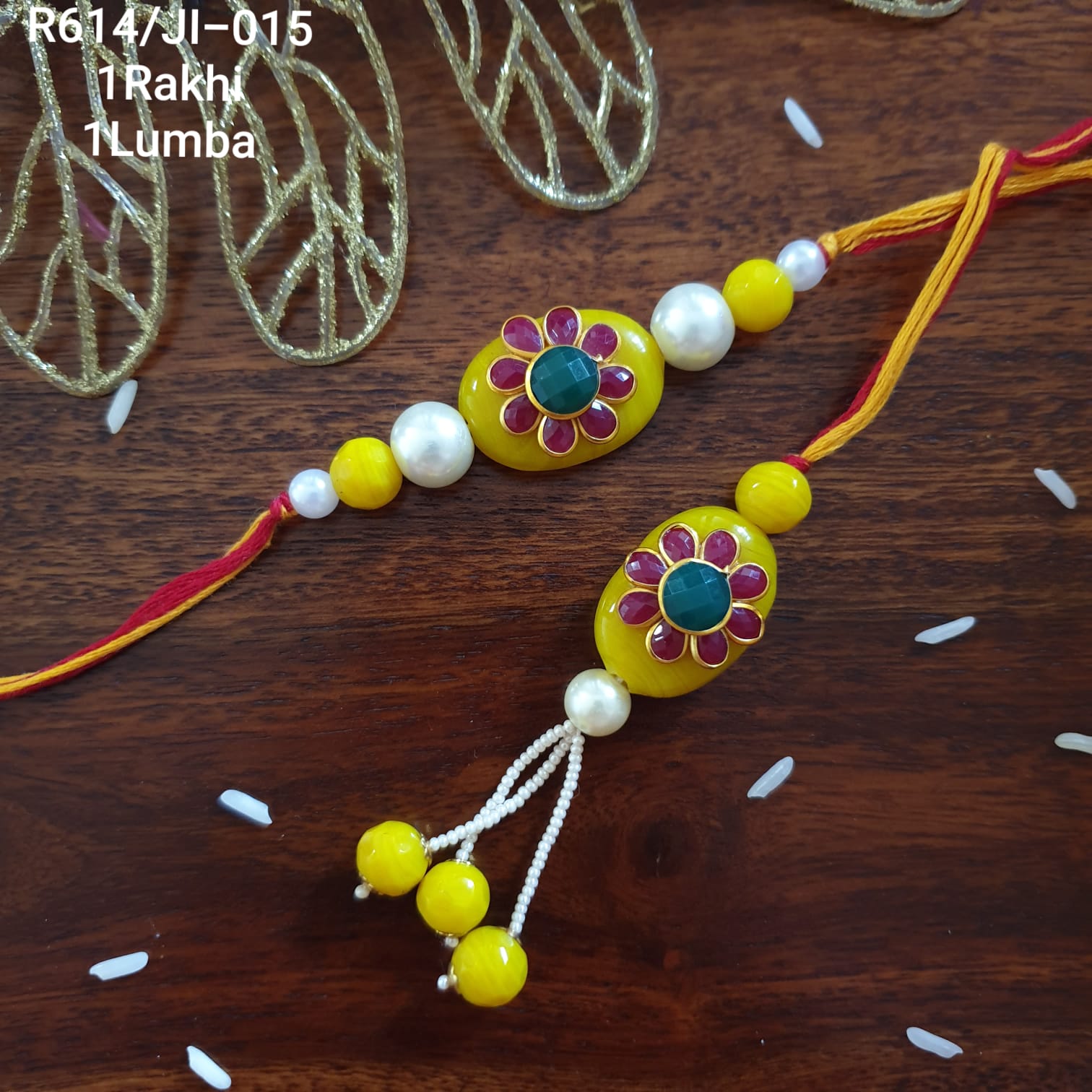 Yellow Pacchi Stone Couple Rakhi Set