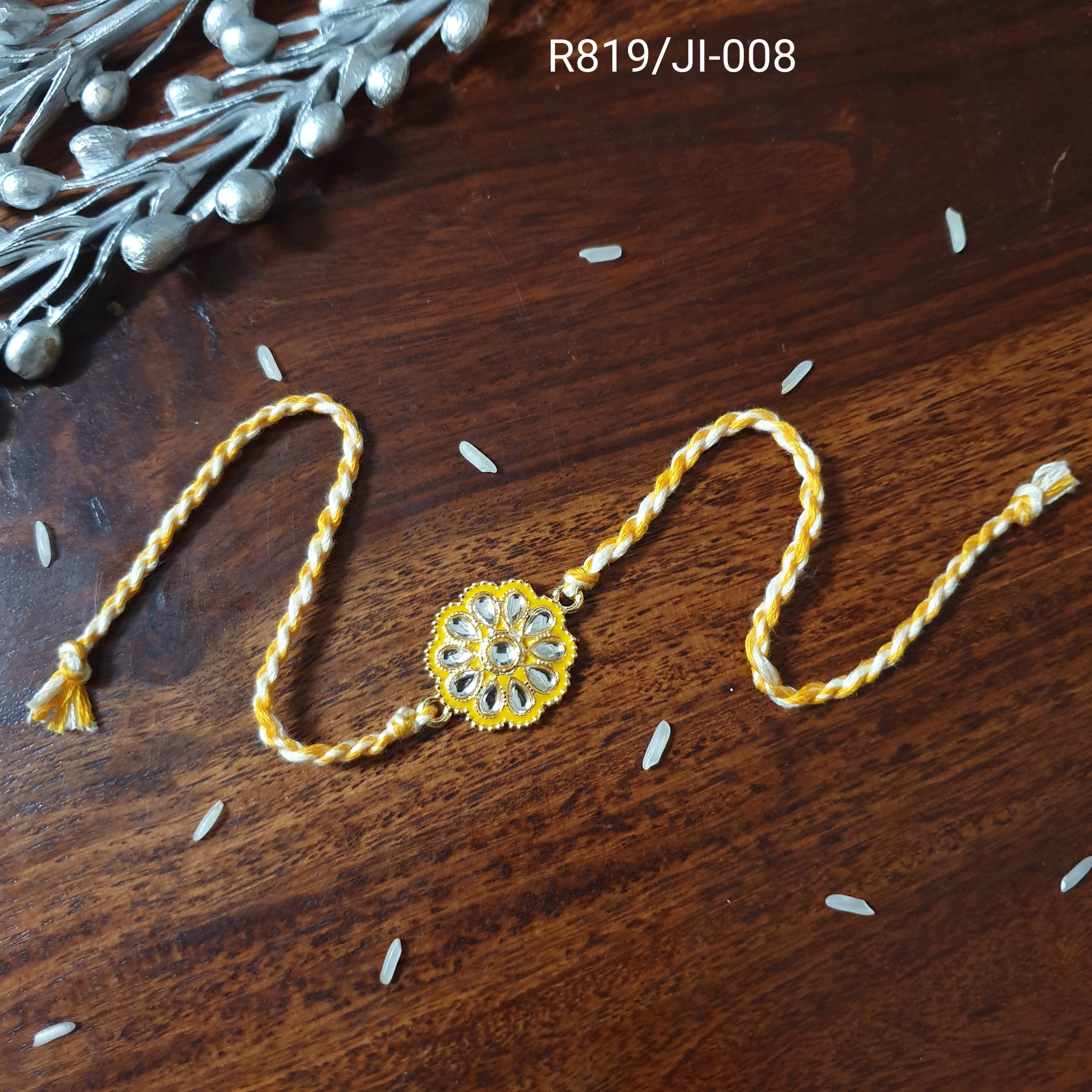 Yellow Kundan Meena Floral Rakhi