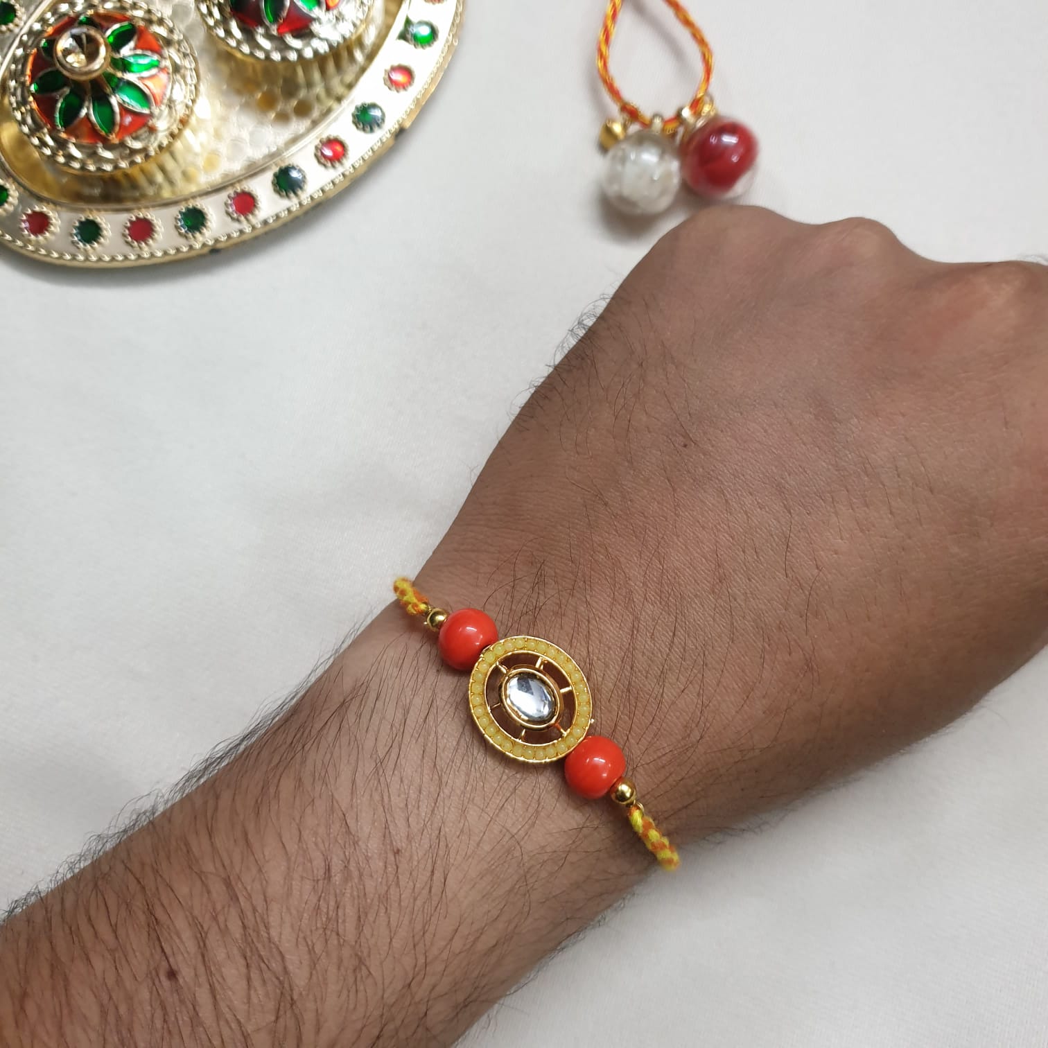 Kundan Yellow Bead Rakhi For Brother