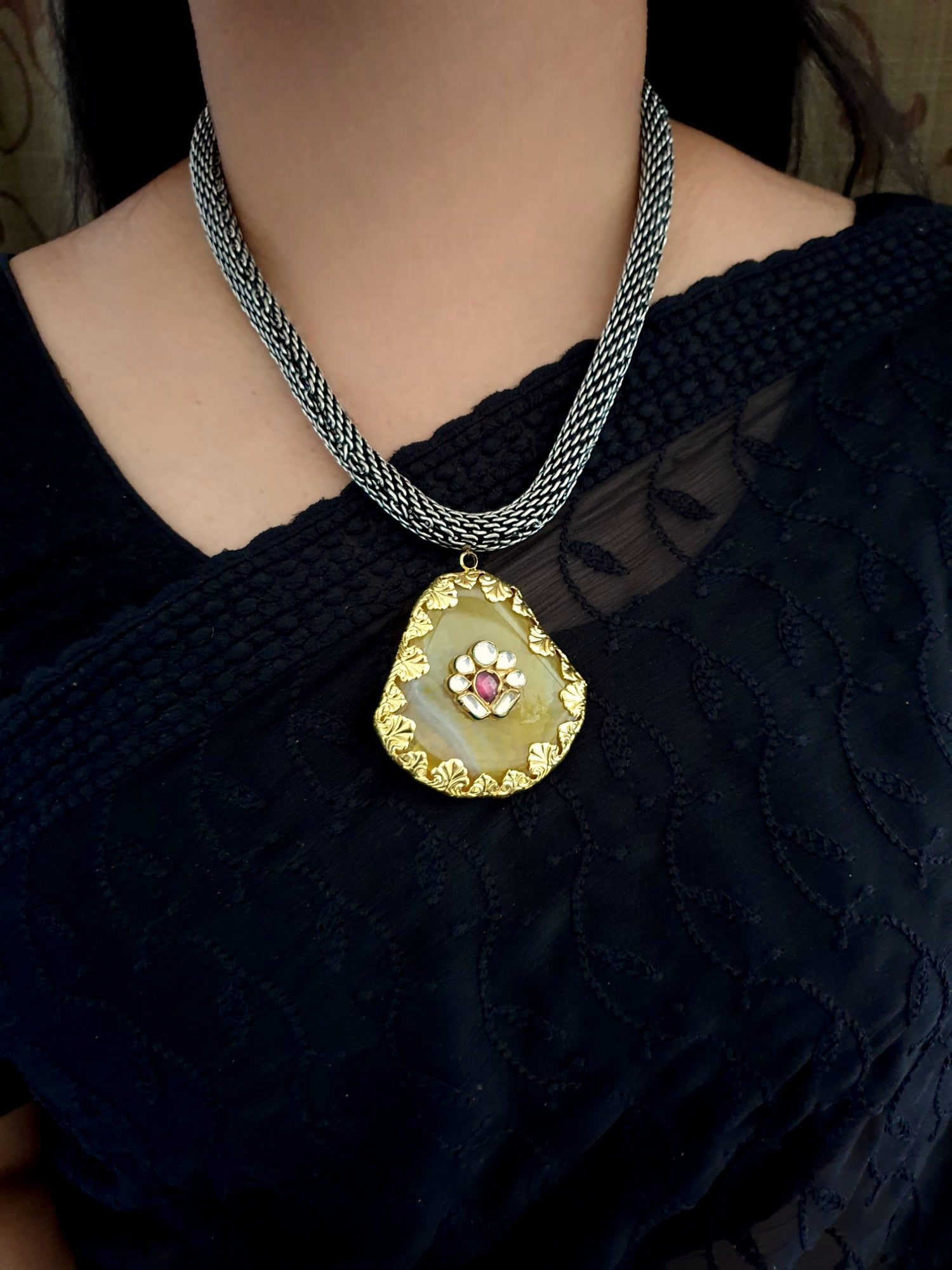 Yellow Stone Kundan Necklace With Jhumki Earrings