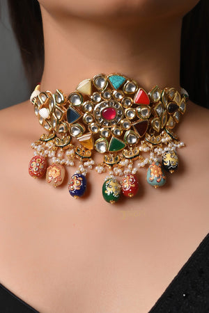 Designer Navratan Stone Floral Choker With Earrings