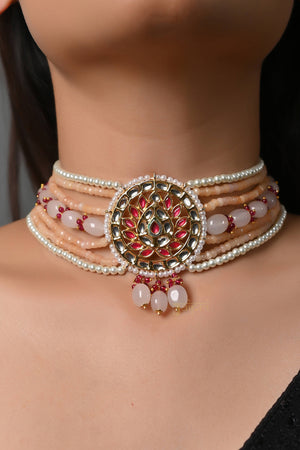 Floral Tear-Drop Kundan Stone Choker With Earrings