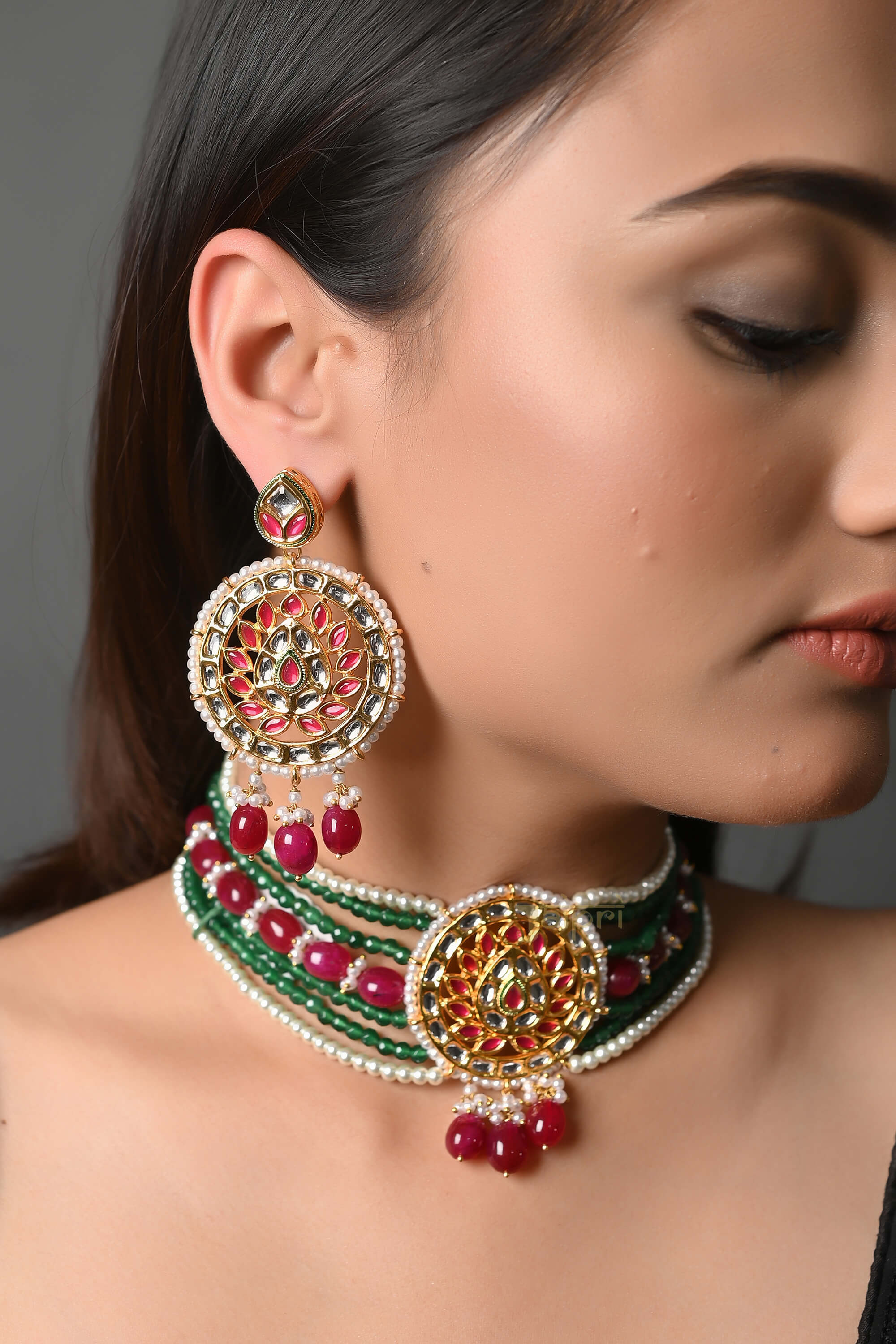 Floral Multicolor Kundan-Jadau Stone Choker With Earrings
