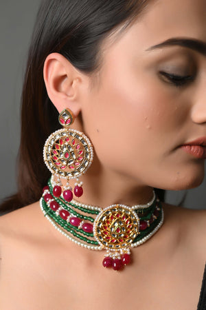 Floral Multicolor Kundan-Jadau Stone Choker With Earrings