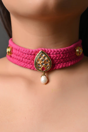 Pink Thread Kundan Choker Set With Earrings