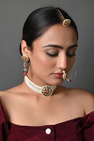 Kundan Choker Necklace With Earrings, Nath And Maang Tikka