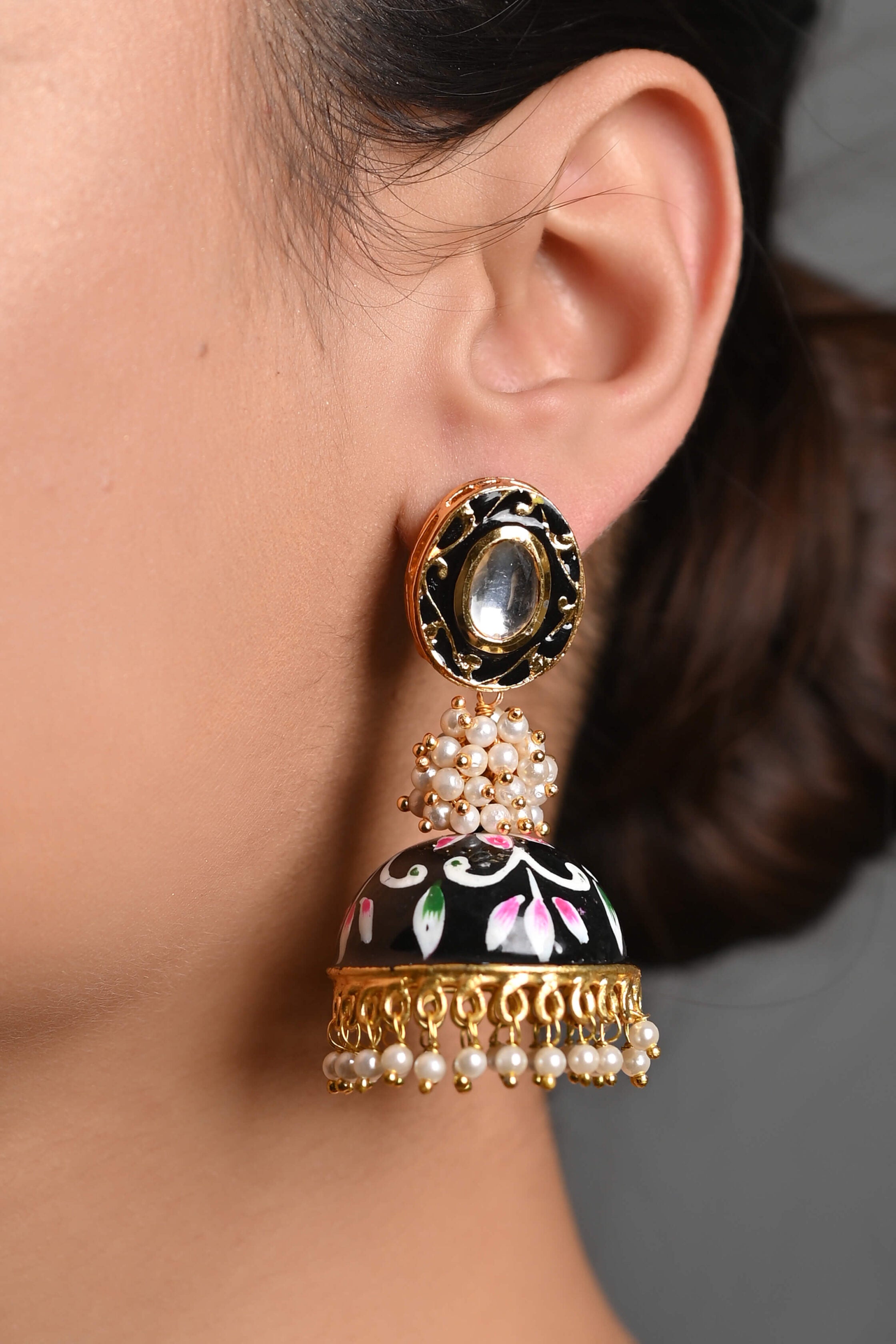 Handpainted Black Kundan Meenakari Jhumki Earrings