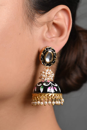 Handpainted Black Kundan Meenakari Jhumki Earrings