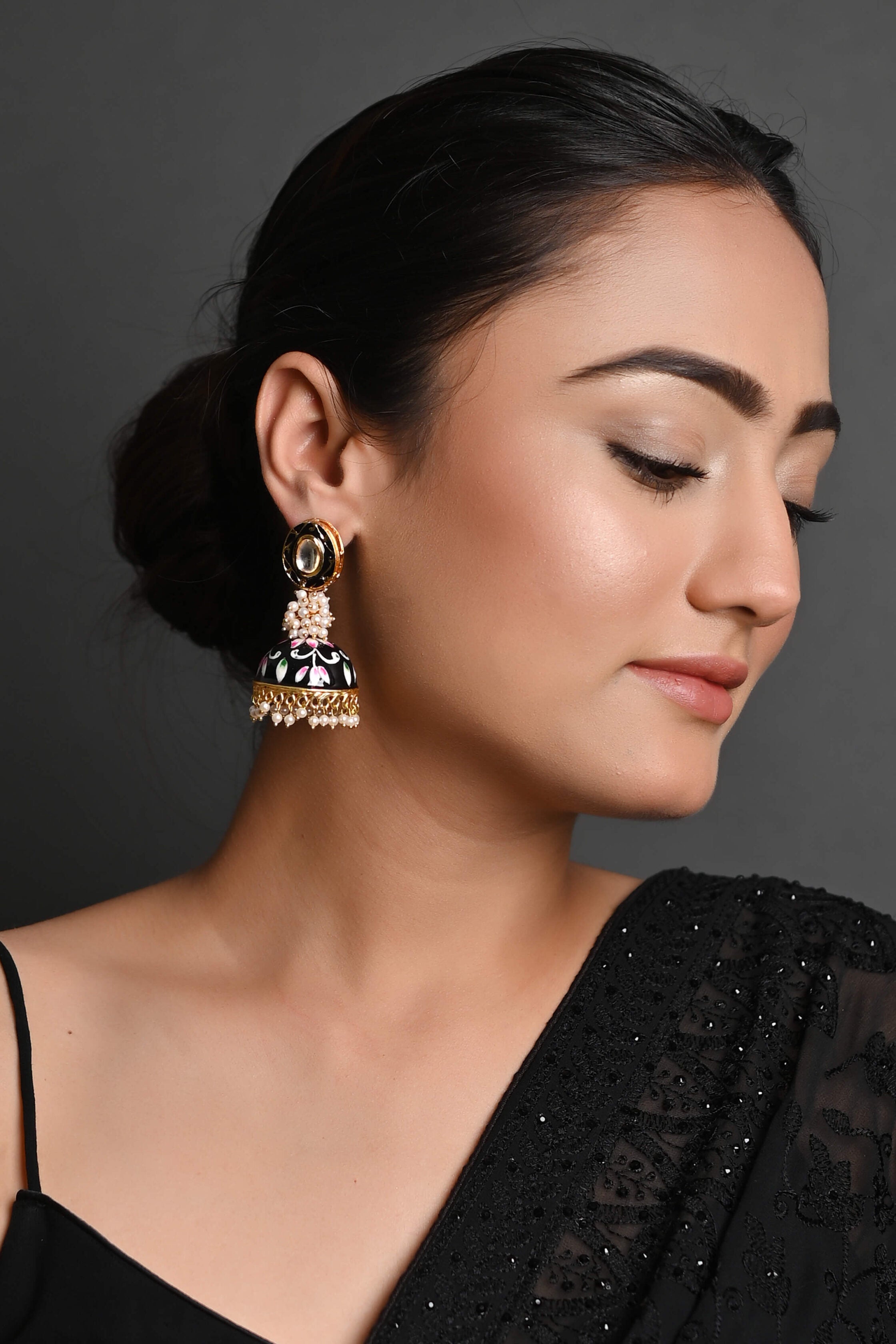 Handpainted Black Kundan Meenakari Jhumki Earrings