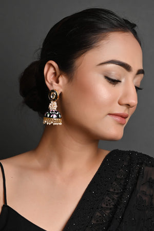 Handpainted Black Kundan Meenakari Jhumki Earrings