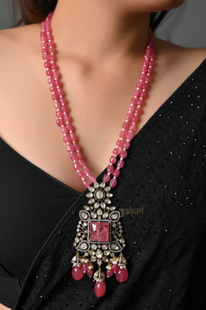 Rose Quartz Stone Floral Long Necklace With Earrings