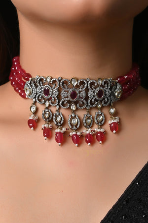 Ruby Stone Beads Beautiful Floral Necklace With Earrings