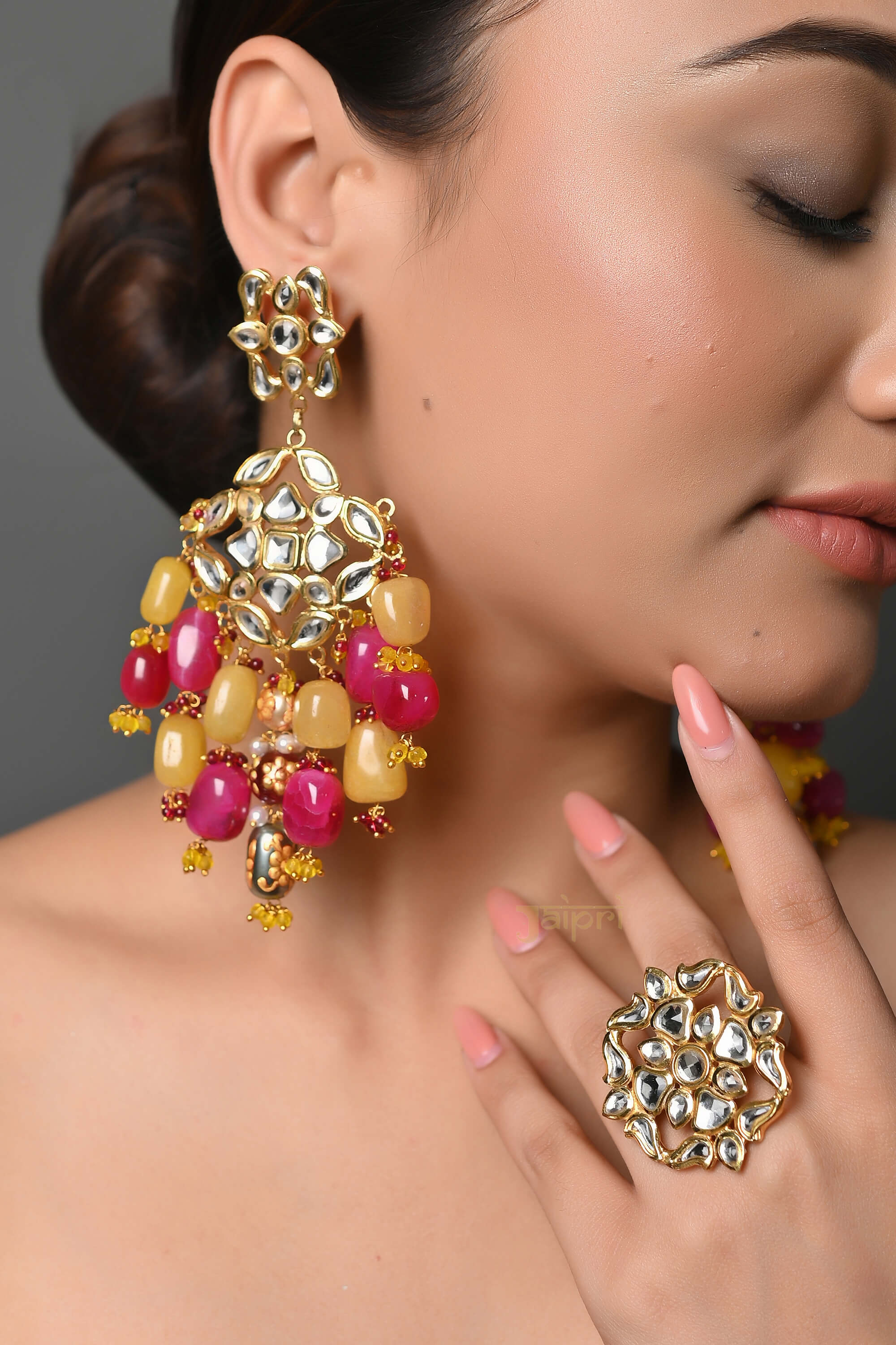 22k Gold Plated Kundan Earring And Tikka Set With Freesize Ring