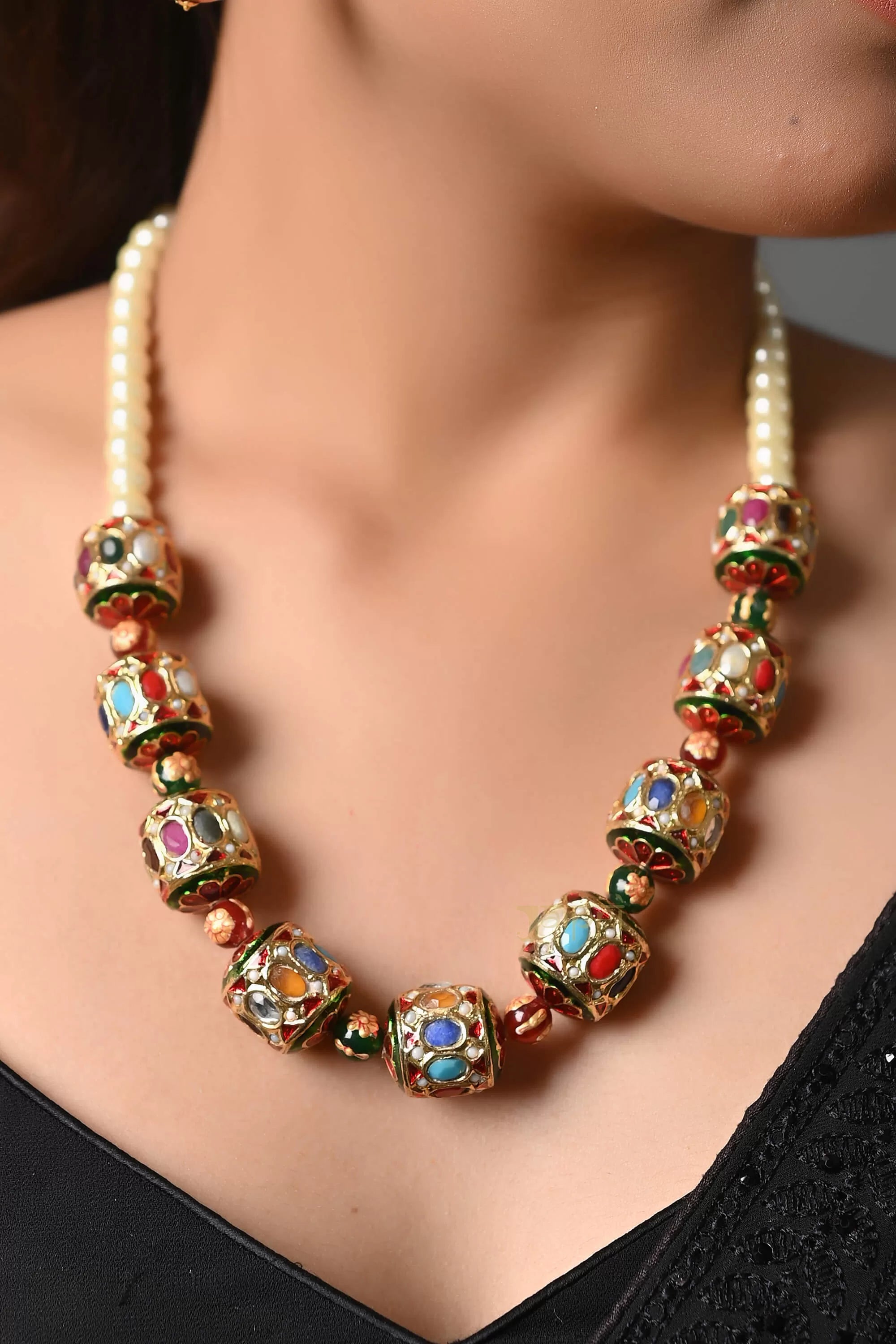 Navratana Jadau Beads Necklace With Earrings