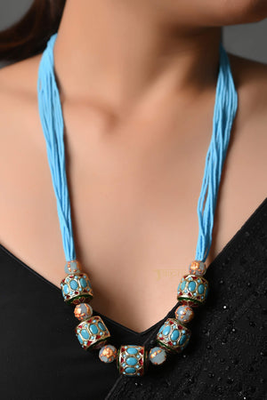 Turquoise Traditional Jadau Beads Necklace With Earrings