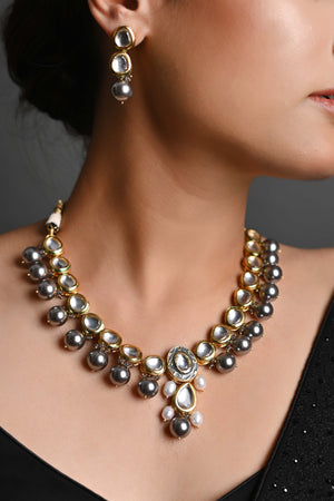 Tear-Drop Kundan & Pearl Beads Stone Gold Necklace With Earrings
