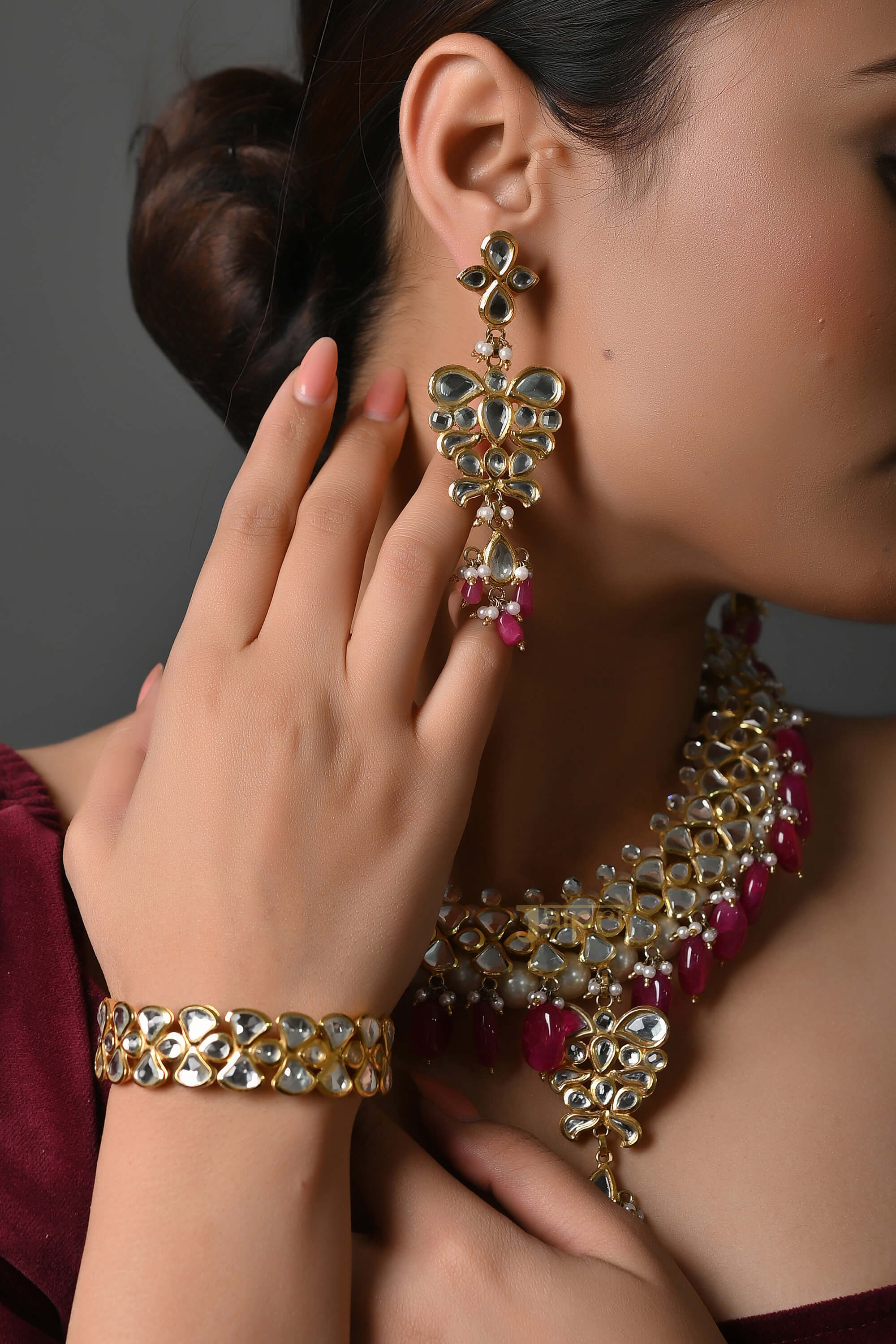 22k Gold Plated Kundan Necklace With Earrings And Bangles